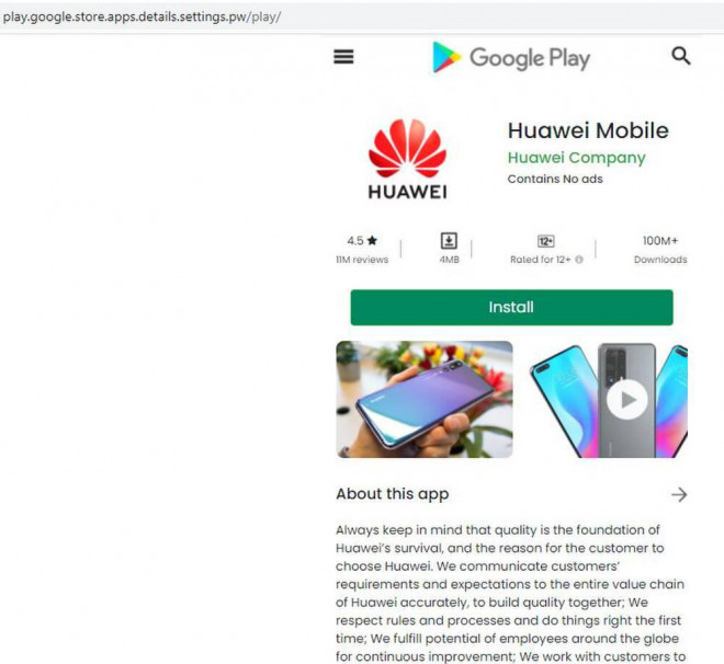 Ứng dụng Huawei giả mạo - có tên gọi Huawei Mobile. (Ảnh: @ReBensk)