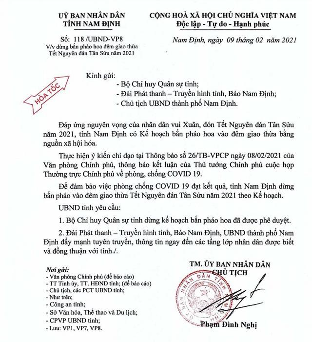 Công văn hỏa tốc dừng bắn pháo hoa Tết Tân Sửu 2021 của UBND tỉnh Ninh Bình
