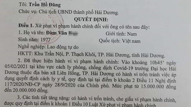 Với hành vi trốn khỏi nơi cách ly, anh H. bị phạt 20 triệu đồng