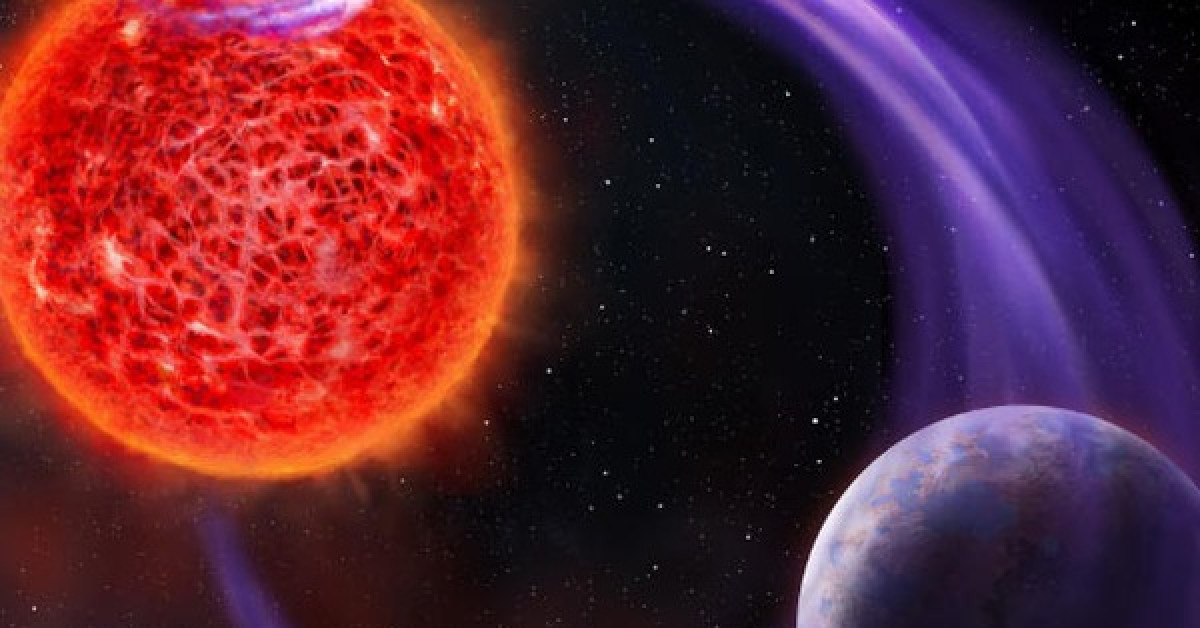 Ảnh đồ họa mô tả siêu Trái Đất là nguồn phát tín hiệu radio mà địa cầu đã bắt được, cùng với ngôi sao mẹ cực gần của nó - Ảnh: Danielle Futselaar