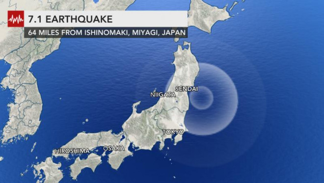 Vị trí tâm chấn trận động đất tại Nhật hôm 13-2. Ảnh: ACCUWEATHER