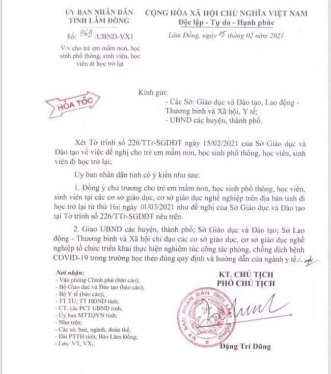 Văn bản bị chỉnh sửa ngày đi học trở lại của học sinh, sinh viên, học viên trên địa bàn tỉnh Lâm Đồng.