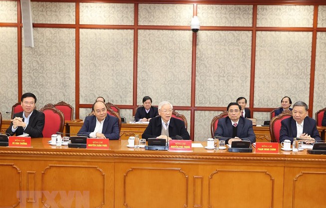 Tổng Bí thư, Chủ tịch nước Nguyễn Phú Trọng phát biểu tại phiên họp sáng 18-2. Ảnh: TTXVN