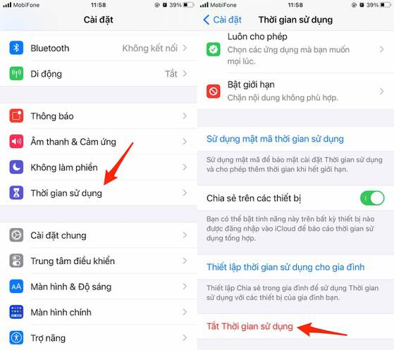 Vô hiệu hóa tính năng Screen Time (thời gian sử dụng) trên iPhone.