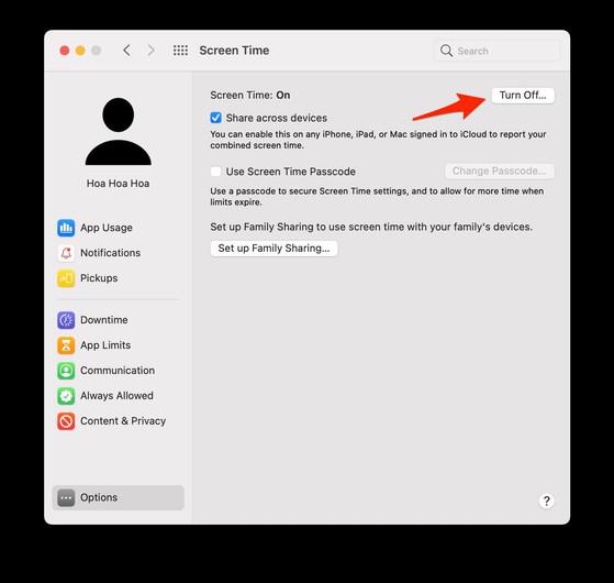 Vô hiệu hóa tính năng Screen Time (thời gian sử dụng) trên MacBook.