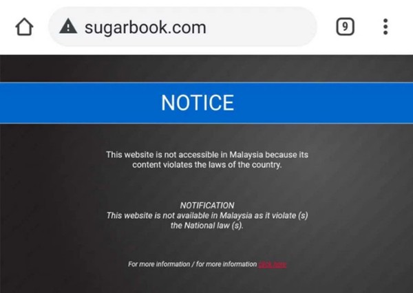 Trang web Sugarbook bị cấm ở Malaysia. Ảnh: Sugarbook.