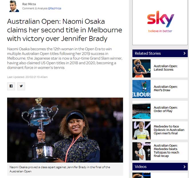 Báo chí thế giới ngợi ca bản lĩnh và phong độ ấn tượng của Naomi Osaka