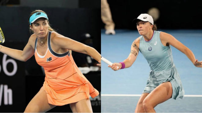 Collins (trái) sớm bỏ cuộc giúp Swiatek dễ dàng vào bán kết giải WTA đang diễn ra ở Adelaide
