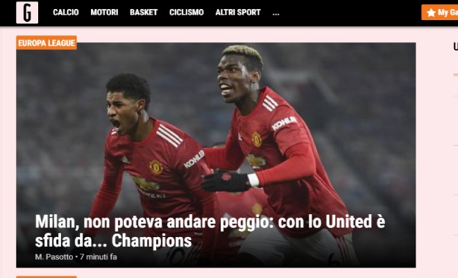 La Gazzetta dello lo lắng khi Milan đụng phải "quỷ dữ" MU ở vòng 1/8 Europa League