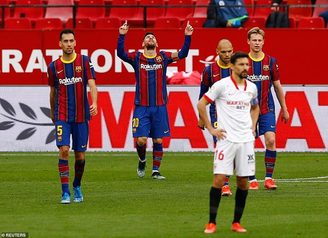 Messi có bàn thắng đáng nhớ cuối trận gặp Sevilla giúp Barca tạm chiếm ngôi nhì bảng La Liga từ tay Real Madrid