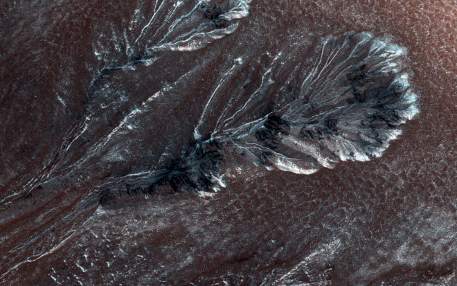Hình ảnh băng tan chảy thành hình chân con mòng biển trên Sao Hỏa - Ảnh: NASA