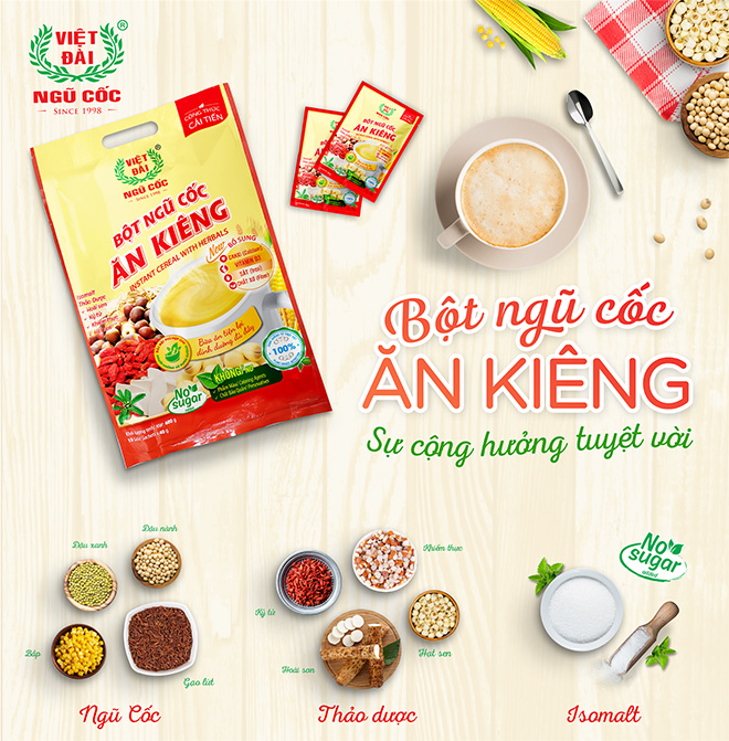 Bột ngũ cốc Ăn kiêng của Việt Đài là sự kết hợp thành công giữa ngũ cốc nguyên cám, các loại thảo dược quý (kỷ tử, hoài sơn và khiếm thực) cùng Isomalt