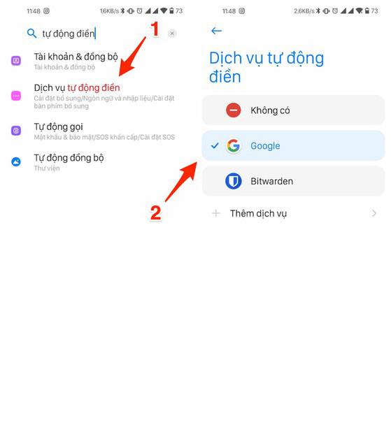 Lựa chọn Google làm dịch vụ tự động điền trên điện thoại.