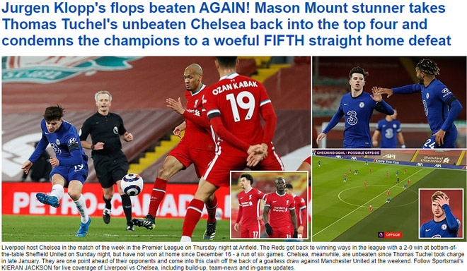 Tờ Daily Mail nhấn mạnh việc Liverpool thua trận thứ 5 liên tiếp trên sân nhà