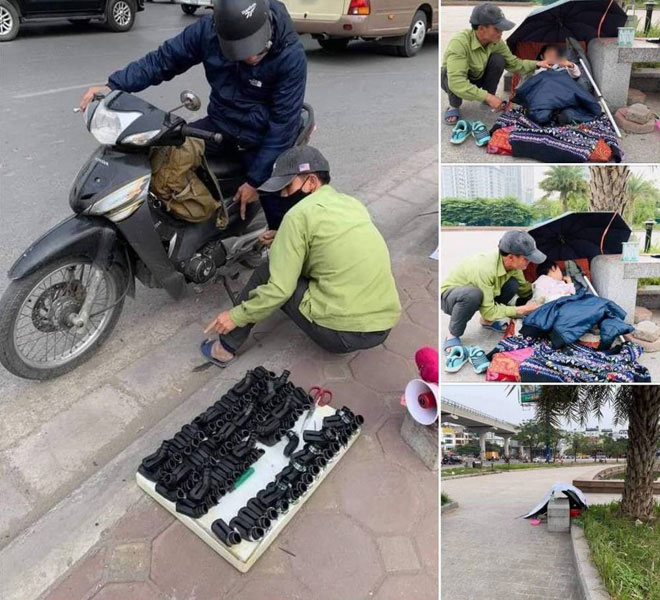 Trước đó anh Hùng mang con gái theo đi bán bọc chân chống xe máy