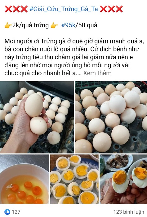 Trên chợ mạng, mỗi ngày có hàng trăm bài viết kêu gọi mua giải cứu trứng gà. (Ảnh chụp màn hình).