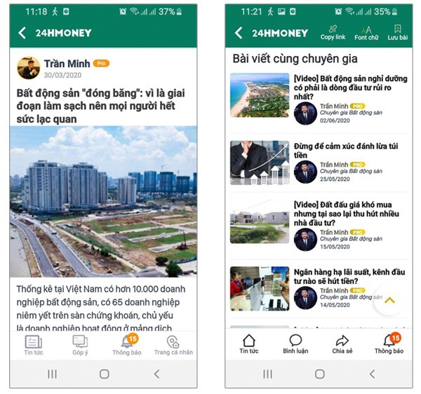 Các bài viết phân tích về thị trường bất động sản của chuyên gia trên app 24hmoney được cập nhật liên tục giúp nhà đầu tư BĐS tránh được rủi ro không đáng có