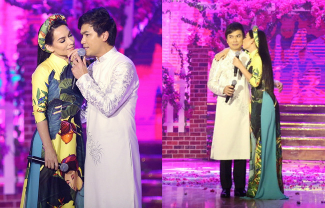 Phi Nhung và Mạnh Quỳnh là một cặp đôi ăn ý trên sân khấu, có thể ôm nhau tình tứ.
