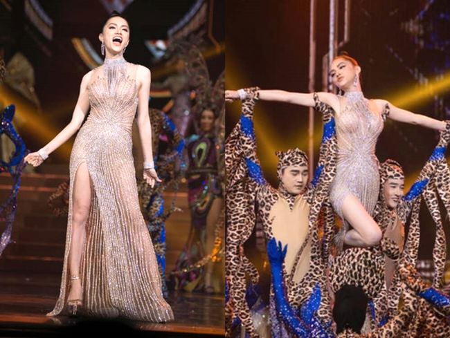 Cũng trên sân khấu Miss International Queen 2019, dưới ánh đèn flash trong tiết mục biểu diễn của mình, Hương Giang xuất hiện như 'nữ thần' với kiểu váy mỏng không thua kém.
