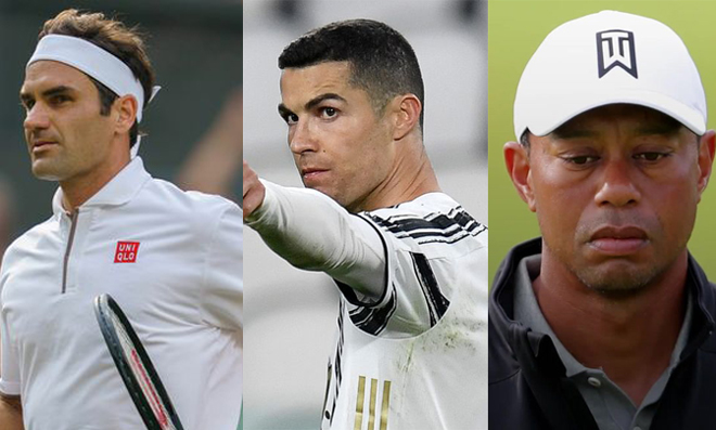 Tiger Woods (phải) ở gần khối tài sản tỷ đô hơn Federer (trái) và Ronaldo (giữa)