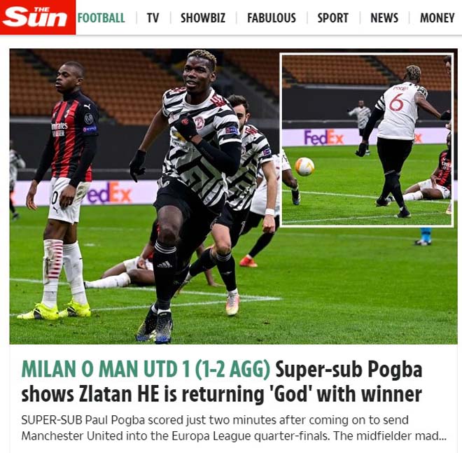 Tờ The Sun cũng dành lời khen ngợi cho "siêu dự bị" Pogba