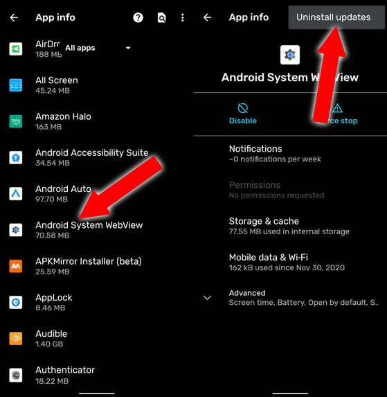 Gỡ cài đặt bản cập nhật Android System Webview. Ảnh: Android Police