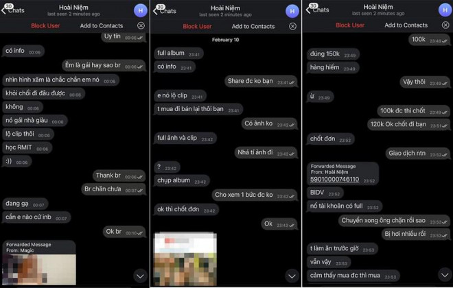 Tài khoản Hoài Niệm quảng cáo, rao bán các clip của nạn nhân.