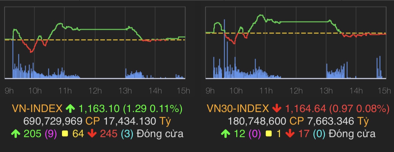 VN-Index tăng 1,29 điểm (0,11%) lên 1.163,1 điểm.