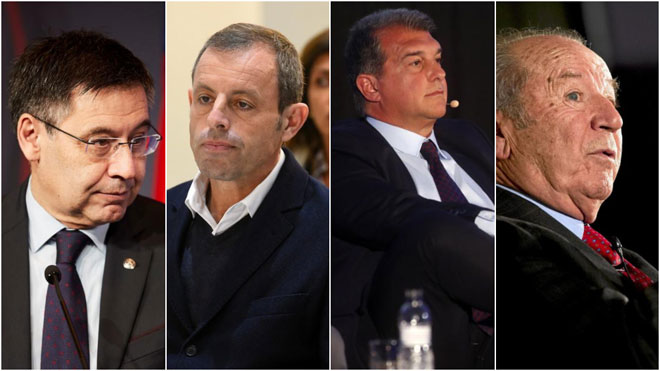 Từ trái qua phải: Josep Maria Bartomeu, Sandro Rosell, Joan Laporta và Josep Nunez