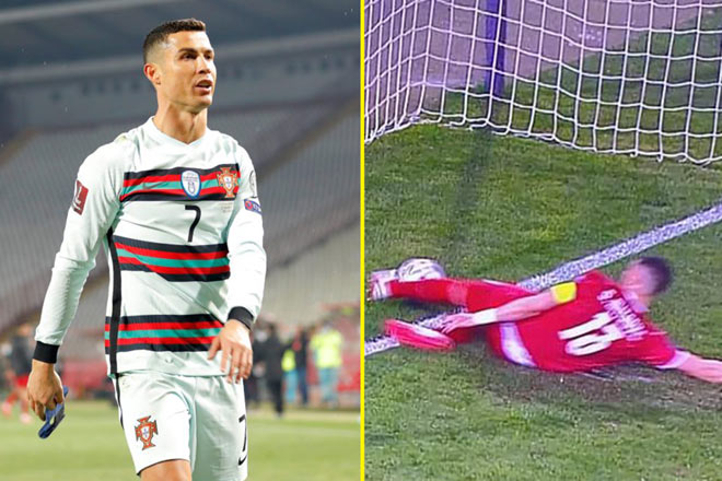 Ronaldo bị từ chối bàn thắng dù bóng đã trôi qua vạch vôi khi Stefan Mitrovic nhoài người phá bóng ra