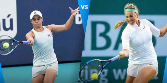 Barty (trái) và Azarenka trải qua trận đấu 3 set mới phân thắng bại