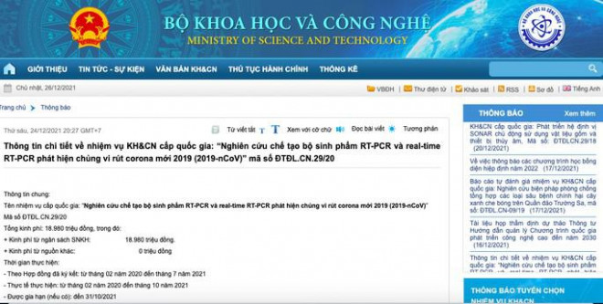 Trang web Bộ khoa học và Công nghệ đăng tãi thông tin về "Nghiên cứu chế tạo bộ sinh phẩm RT-PCR và real-time RT-PCR phát hiện chủng vi rút Corona mới 2019 (2019-nCoV)". Ảnh chụp màn hình.