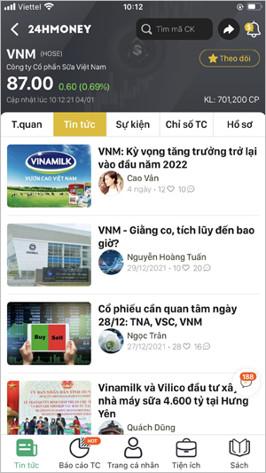 App 24HMoney không chỉ giúp người dùng theo dõi chỉ số từng cổ phiếu, mà còn tham khảo những tin tức, sự kiện mới nhất về doanh nghiệp