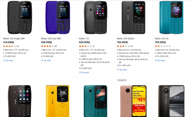 Một số dòng điện thoại cơ bản giá rẻ của Nokia.