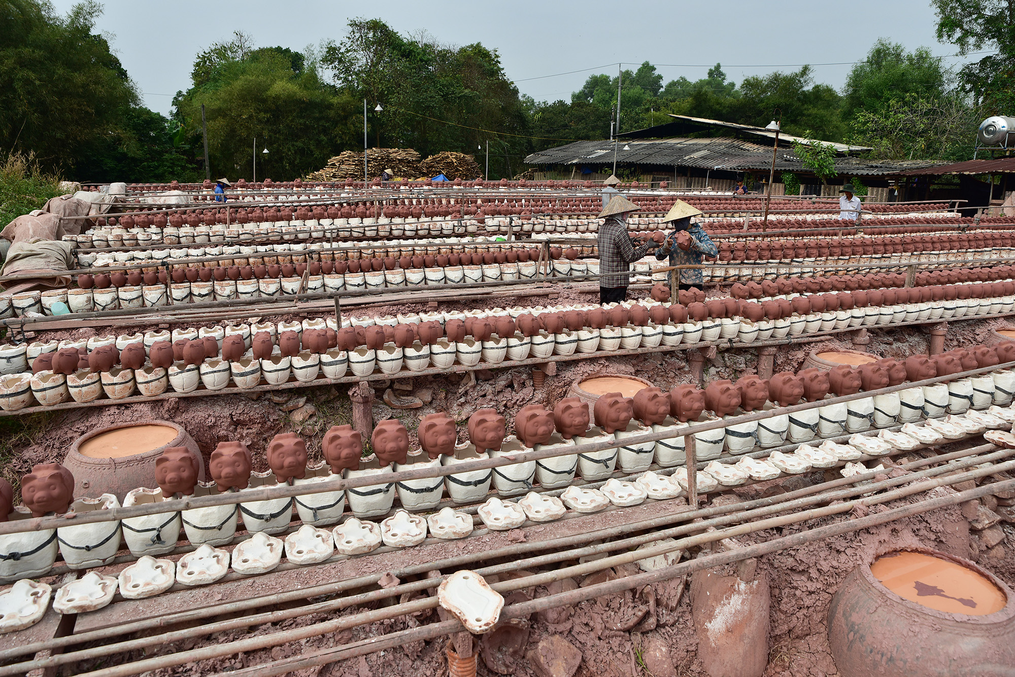 Gần 1 tháng đến Tết Nguyên đán, những lò gốm ở xã Tân Vĩnh Hiệp (thị xã Tân Uyên, Bình Dương) tấp nập sản xuất heo đất, hổ đất để chuyển hàng cho các xưởng gia công trên địa bàn tỉnh trang trí, xuất bán ra thị trường.