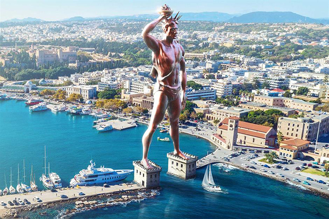Colossus of Rhodes, Hy Lạp: Bức tượng hùng vĩ này phải mất 12 năm từ năm 942-282 trước Công nguyên để xây dựng. Đây là tác phẩm điêu khắc bằng đồng của thần mặt trời Hy Lạp Helios đã đứng ở bến cảng Rhodes với độ cao khổng lồ 32m. Hình ảnh trên đã tái tạo lại bức tượng vào thời điểm ấy.
