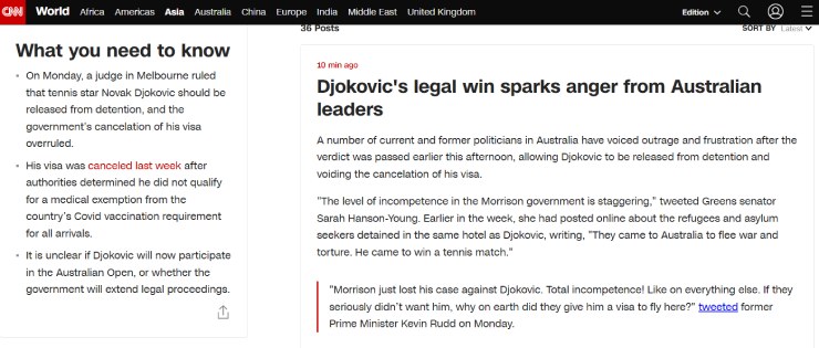 CNN (Mỹ): "Chiến thắng hợp pháp của Djokovic làm dấy lên sự giận dữ từ các nhà lãnh đạo Australia".