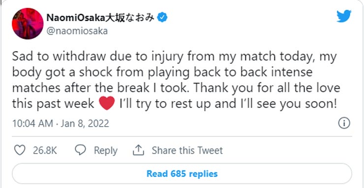 Naomi Osaka ghi thông điệp trên Twitter trấn an các fan của cô