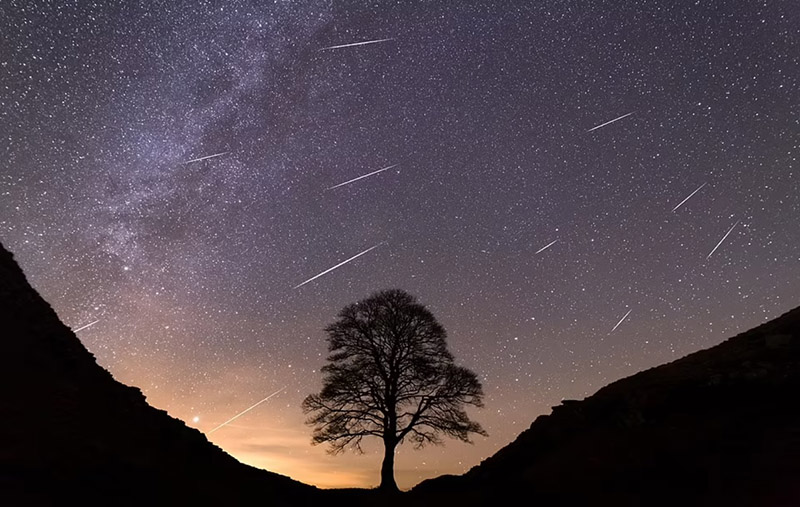 Một trận mưa sao băng Geminids được chụp tại Sycamore Gap ở Northumberland.&nbsp;Geminids là một trận mưa sao băng cực lớn, cứ 1-2 phút sẽ có một sao băng lướt qua. Một màn trình diễn như vậy kéo dài khoảng 1 tiếng với 120 sao băng.