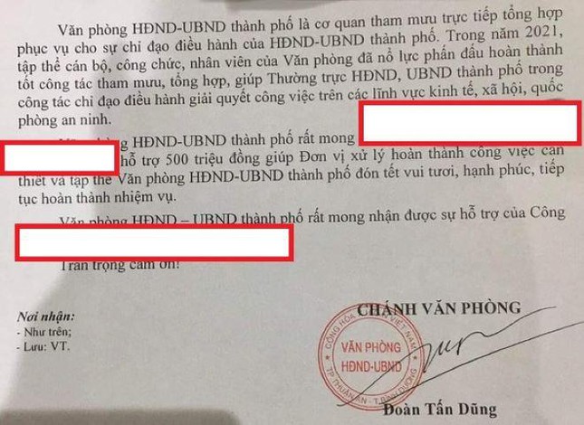 Công văn do ông Đoàn Tấn Dũng ký về việc xin tiền doanh nghiệp lo Tết