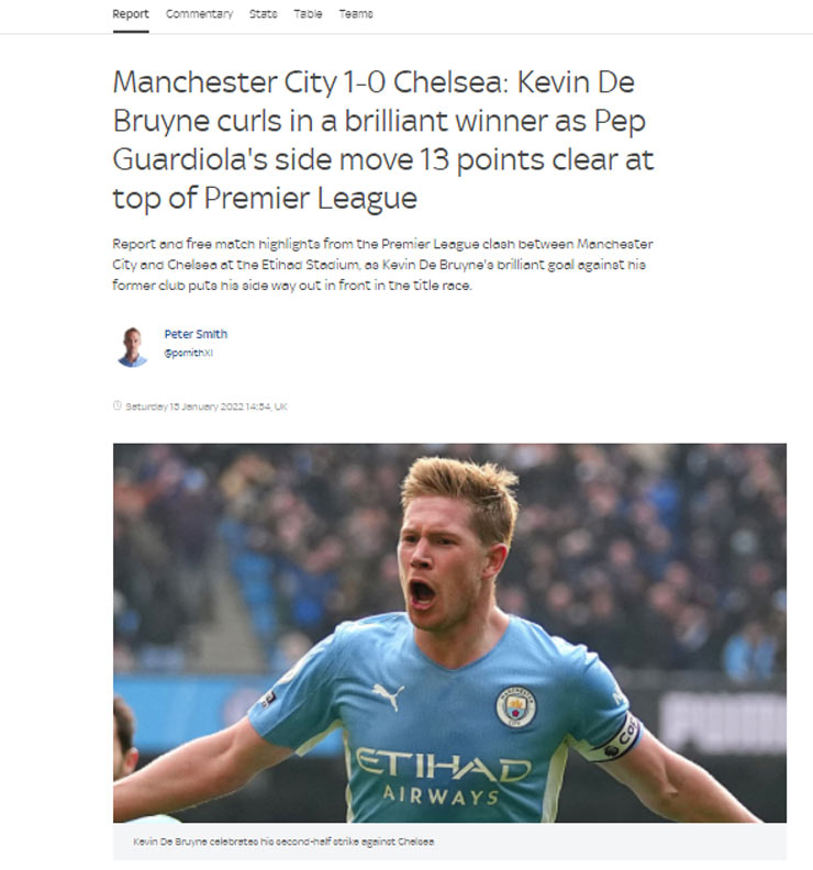 Sky Sports ngợi khen De Bruyne và&nbsp;đánh giá Man City ngày càng gần mục tiêu bảo vệ thành công chức vô địch Premier League