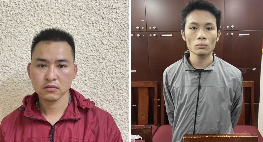 Hào (áo đỏ) và Trăm bị bắt giữ chưa đầy 24h sau khi gây án.