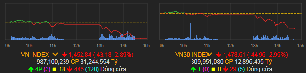 VN-Index giảm 43,18 điểm (2,89%) còn 1.452,84 điểm.