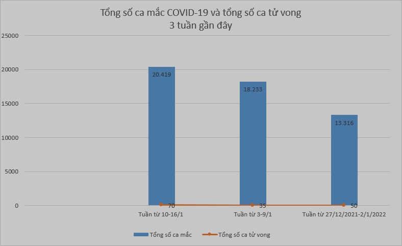 Số ca mắc mới từ 10-16/1 cao hơn so với 2 tuần liền kề trước đó. Số ca tử vong trong tuần (10-16/1/2022) là 70 ca, tăng lần lượt 35 ca so với tuần từ 3-9/1/2022&nbsp;và 20 ca so với tuần từ 27/12/2021-2/1/2022.