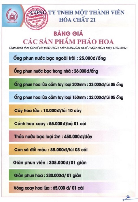 Bảng giá các sản phẩm pháo hoa phục vụ Tết 2022 của Công ty TNHH Một thành viên Hoá chất 21.