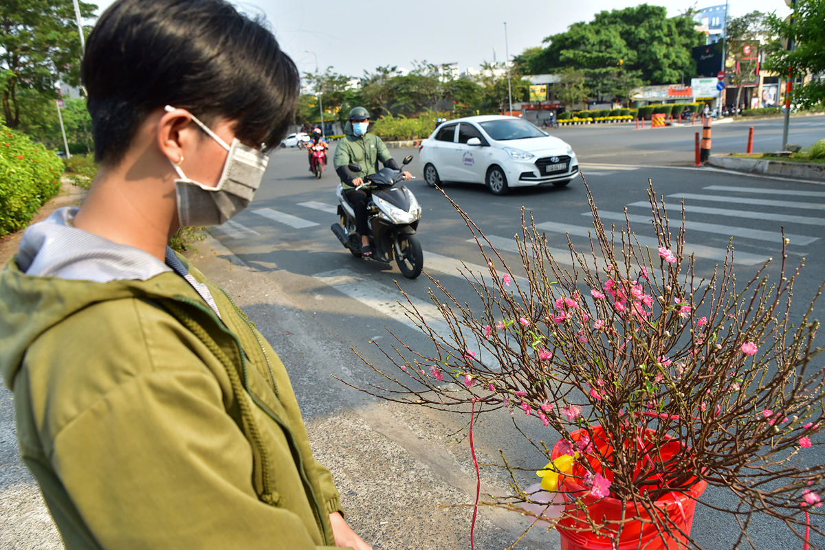 Thuý Quỳnh, quê Sóc Trăng bày những cành đào nhỏ bán bên đường Song hành Xa lộ Hà Nội, TP Thủ Đức. Nữ sinh viên cho biết cô tranh thủ bán sớm cho những người có nhu cầu trưng sớm để kiếm chút chi phí về quê ăn Tết.