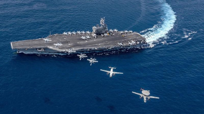 Tàu sân bay USS Ronald Reagan tập trận ở Biển Đông hồi tháng 6-2021. Ảnh: HẢI QUÂN MỸ