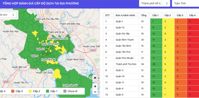 Bản đồ cấp độ dịch của TP HCM - Ảnh chụp màn hình