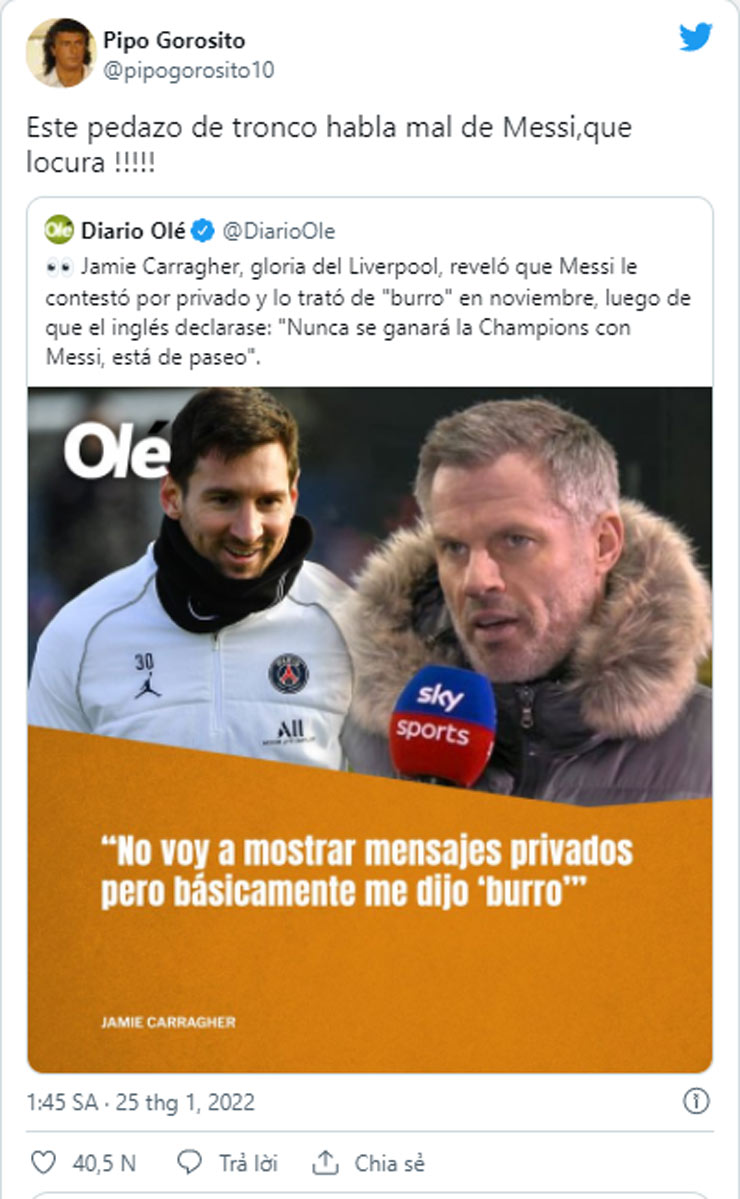 Nestor Gorotiso bênh vực Messi và gọi Jamie Carragher là "miếng gỗ lớn"&nbsp;