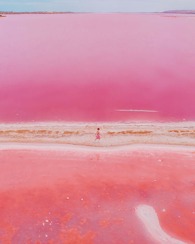 7. Muối hồng phủ kín trên bờ, lấp lánh dưới ánh nắng mặt trời, tất cả trông giống như một bức tranh trừu tượng.

